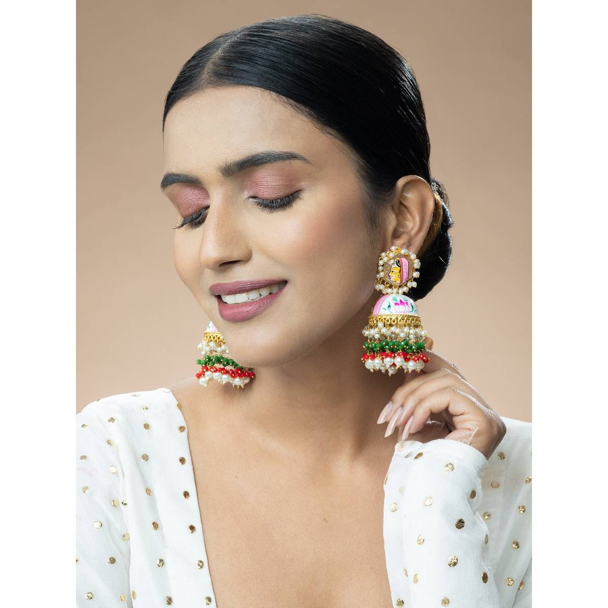 Niscka Gold Plated White Meenakari Jhumaka set with Pearl Ruby Emerlad