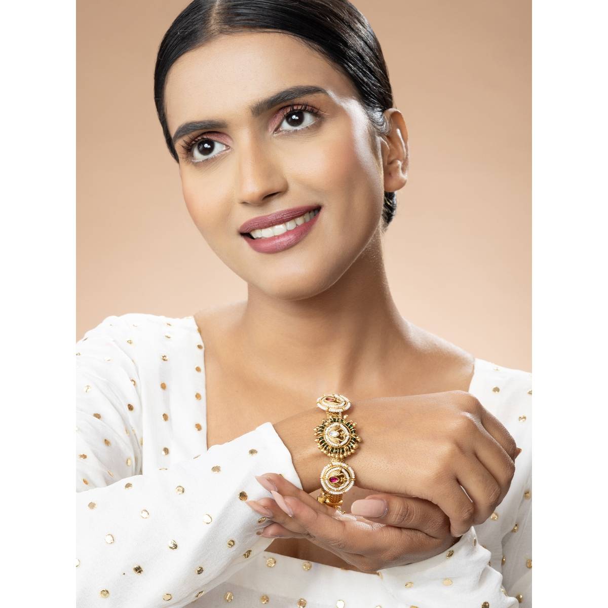 Niscka 24K Gold Plated Pearl and Emerald Studded Kada