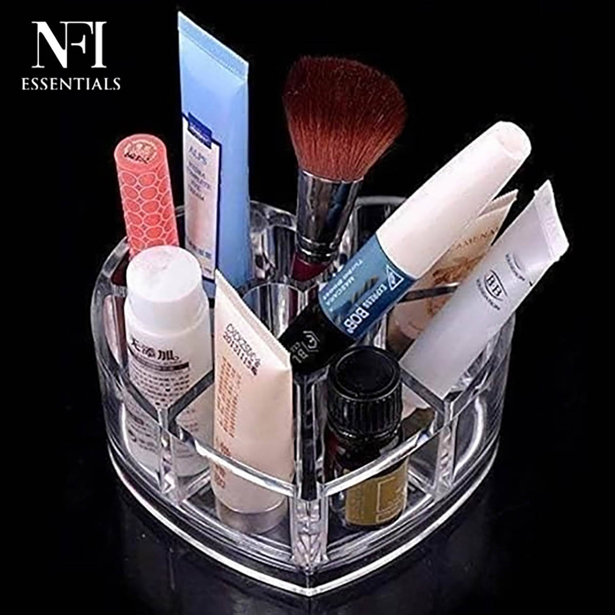 NFI Essentials Heart Shaped Clear Acrylic Makeup Organizer 6 Compartment Cosmetic Stationery Holder
