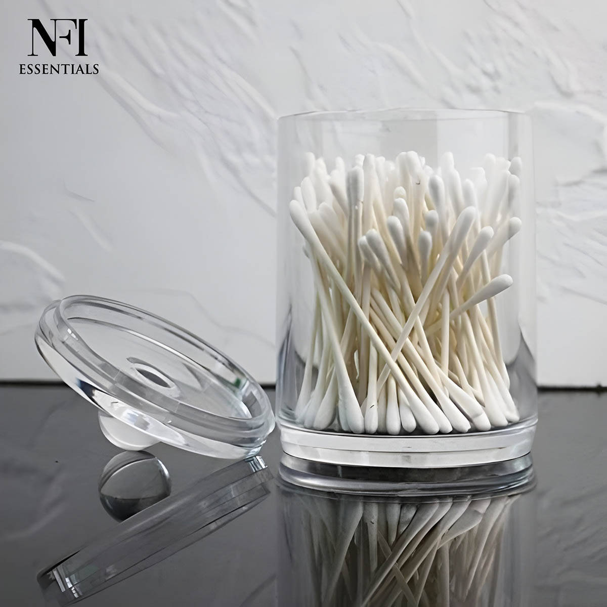 NFI Essentials Clear Cotton Swab Holder Acrylic Q-tip Jar with Lid Bathroom Vanity Organizer