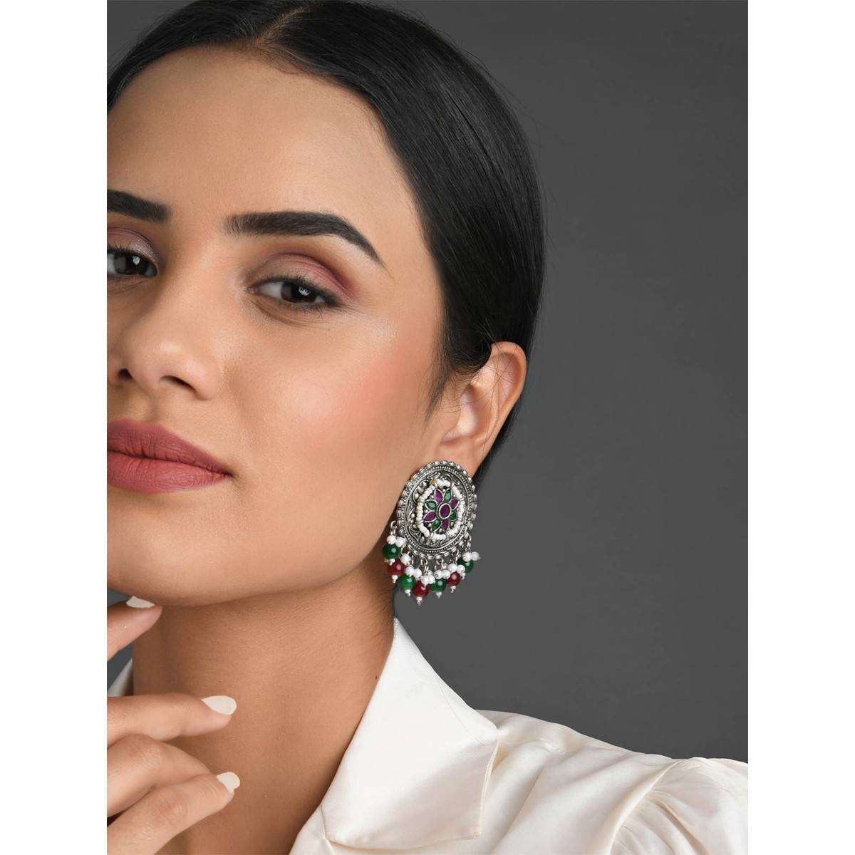 Fida Ethnic Silver Plated Emerald Ruby Beaded Stud Earring for Women