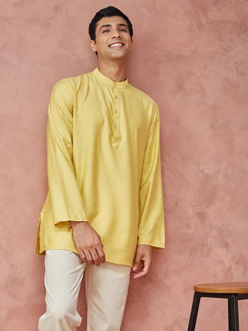 Fabindia Yellow Viscose Silk Thigh Length Short Kurta (XS)