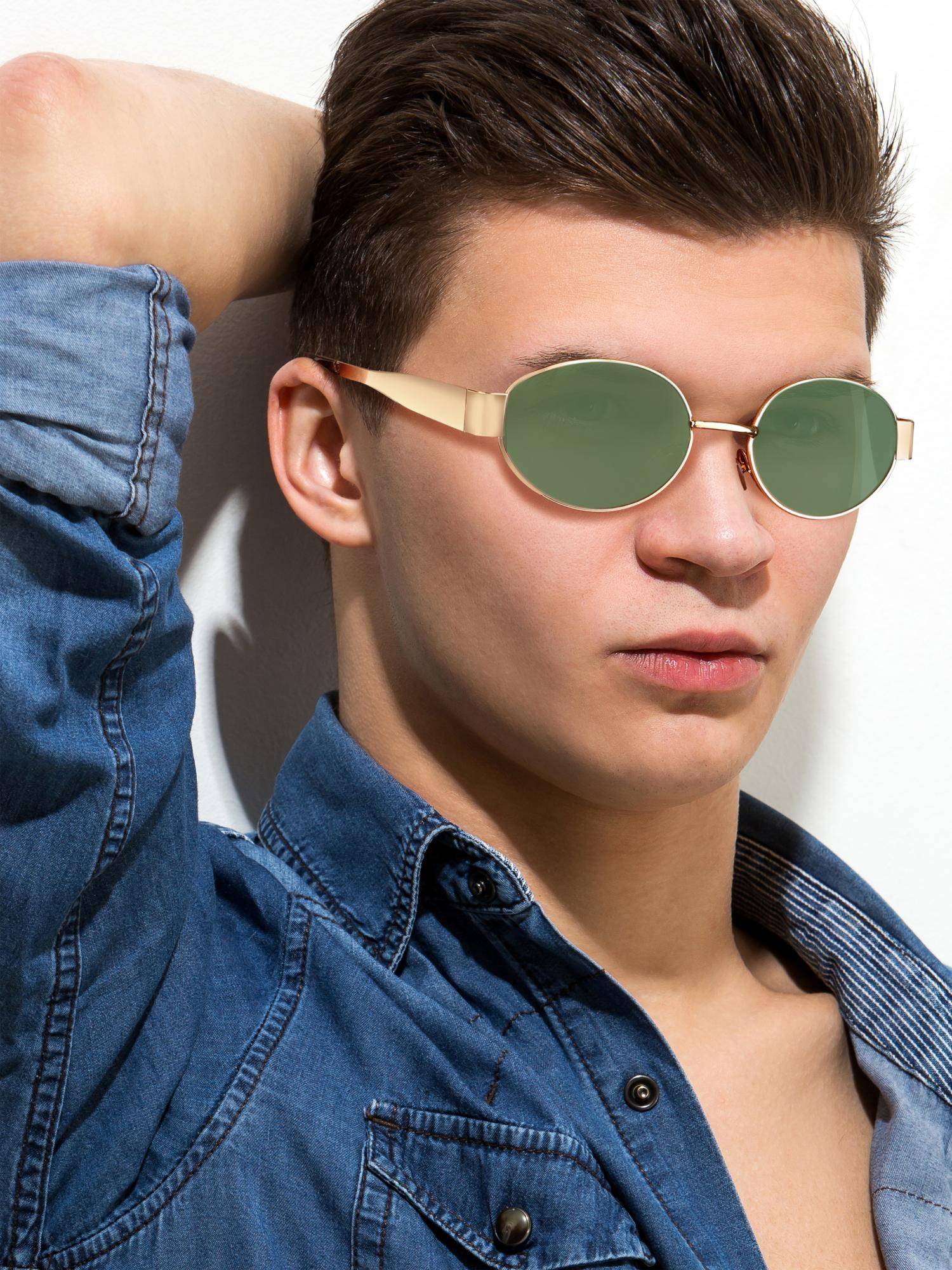 ROYALTAIL Unisex Golden Frame And Green Glass Vintage Trendy Oval Sunglasses (58)