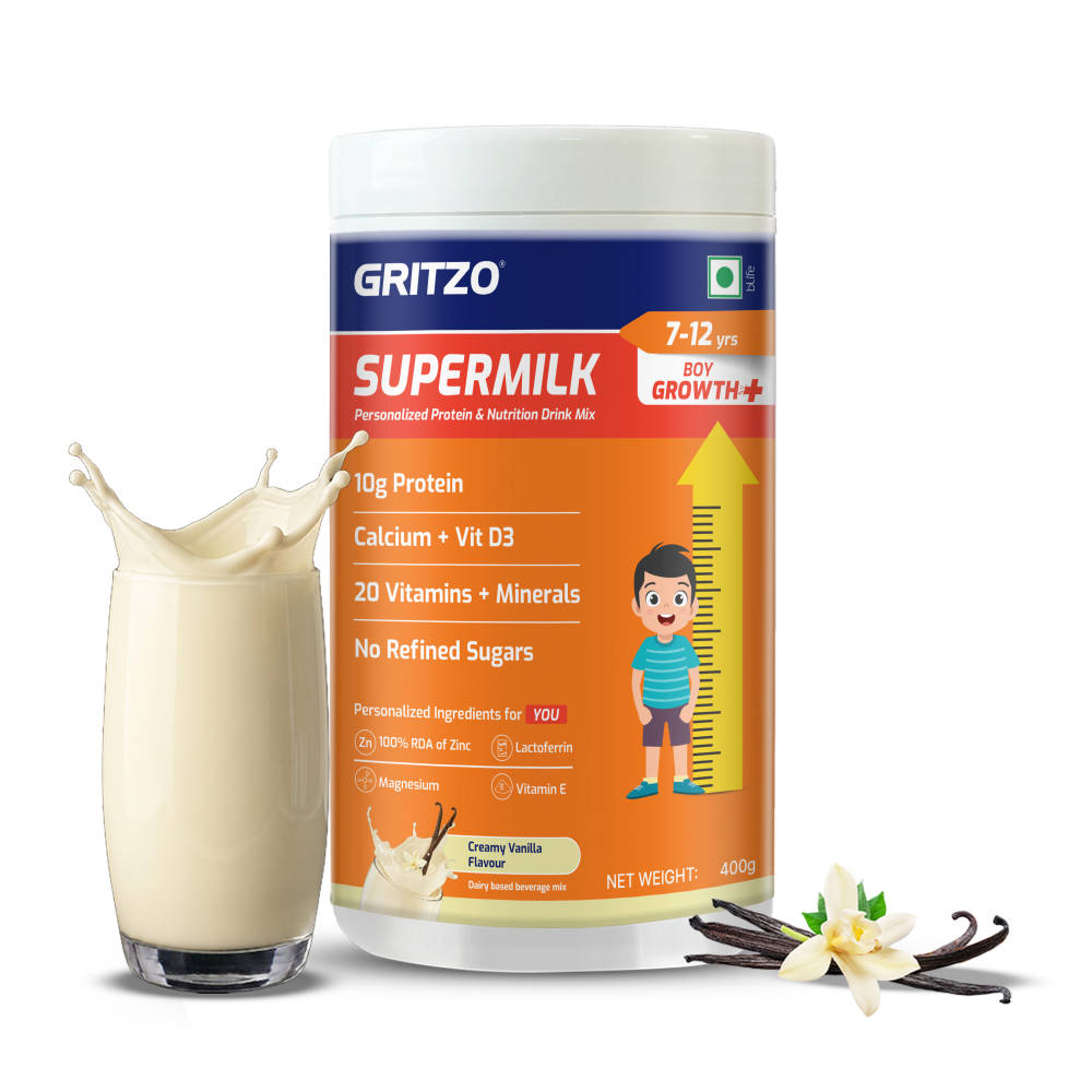 Gritzo SuperMilk Growth+ (Formerly Height+) (7-12y Boys), 10g Protein Powder - Creamy Vanilla