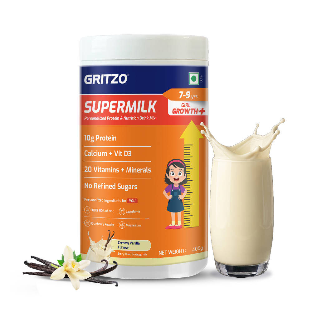 Gritzo SuperMilk Growth+ (Formerly Height+) (7-9y Girls), 10g Protein Powder - Creamy Vanilla