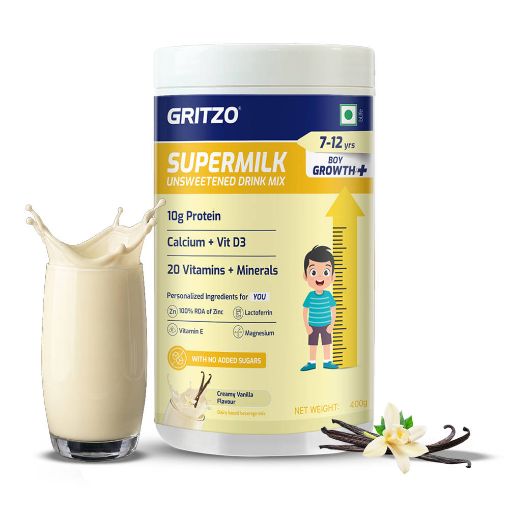 Gritzo Supermilk Growth+ 10G Protein Powder Unsweetened Drink Mix For 7-12Y Boys - Creamy Vanilla