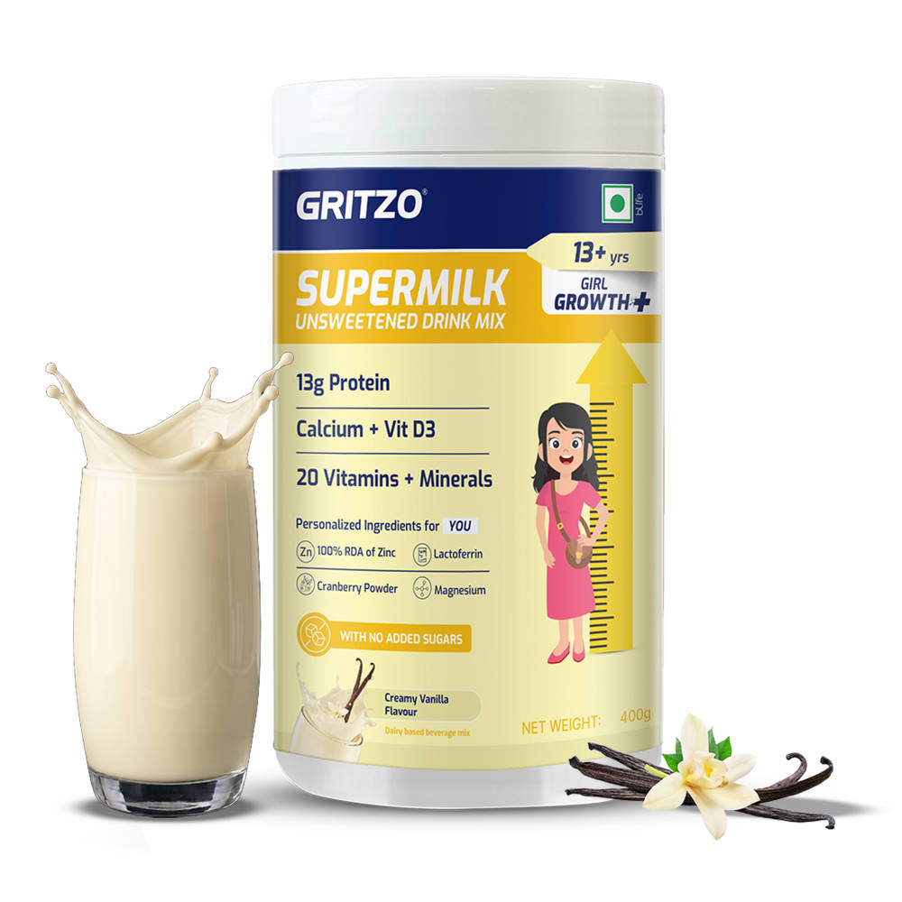 Gritzo Supermilk Growth+ 13G Protein Powder Unsweetened Drink Mix For 13+Y Girls - Creamy Vanilla