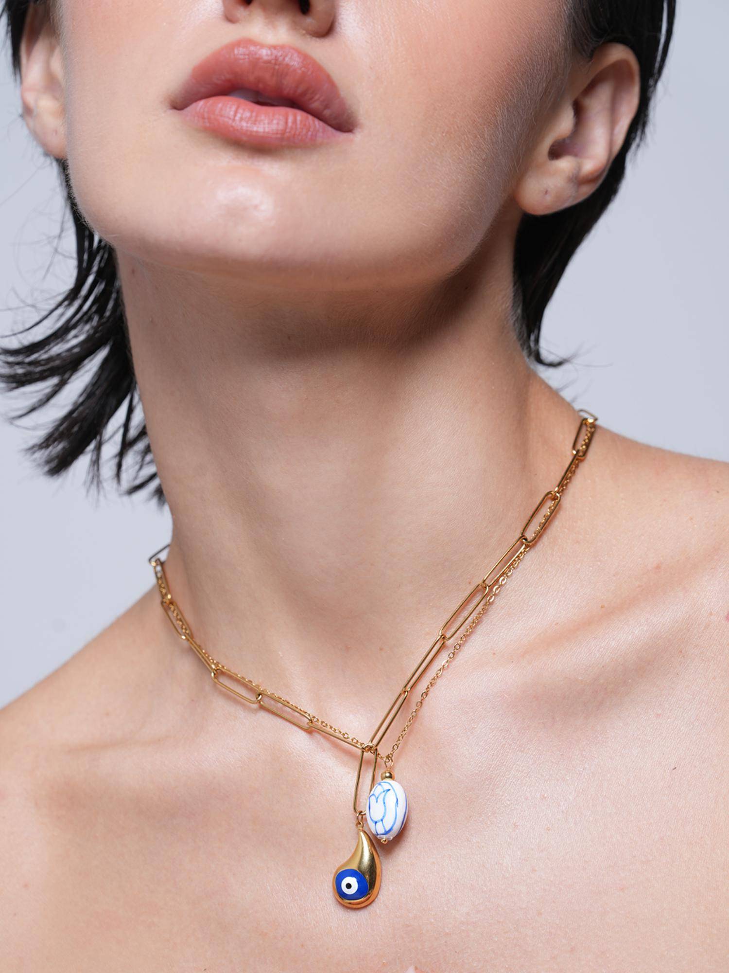 CAO JEWELLERY Statement Layered Blue White Flower Ceramic Necklace