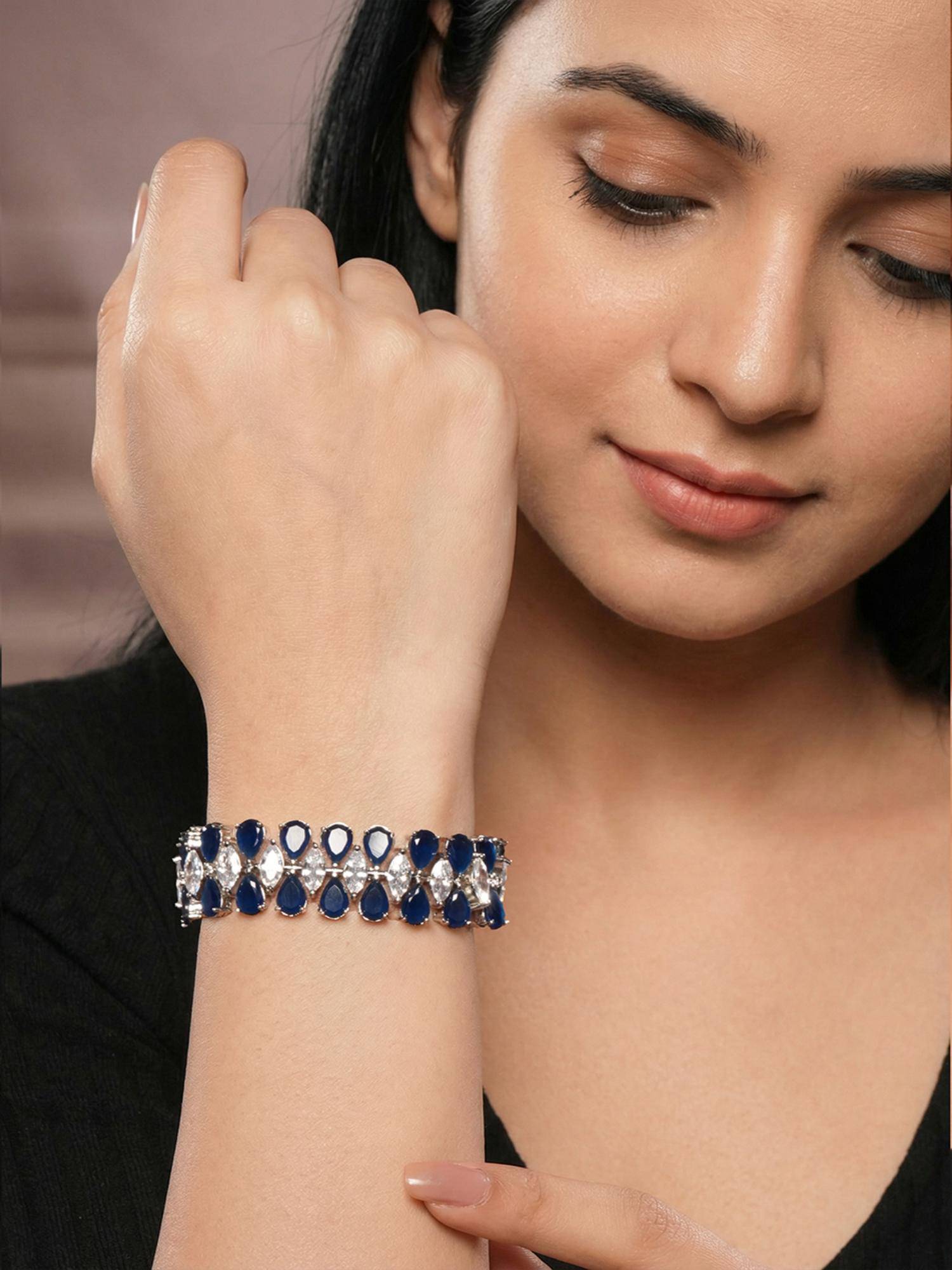 Saraf RS Jewellery Women Silver Plated Blue Ad Zircon Studded Tennis Wraparound Statement Bracelet