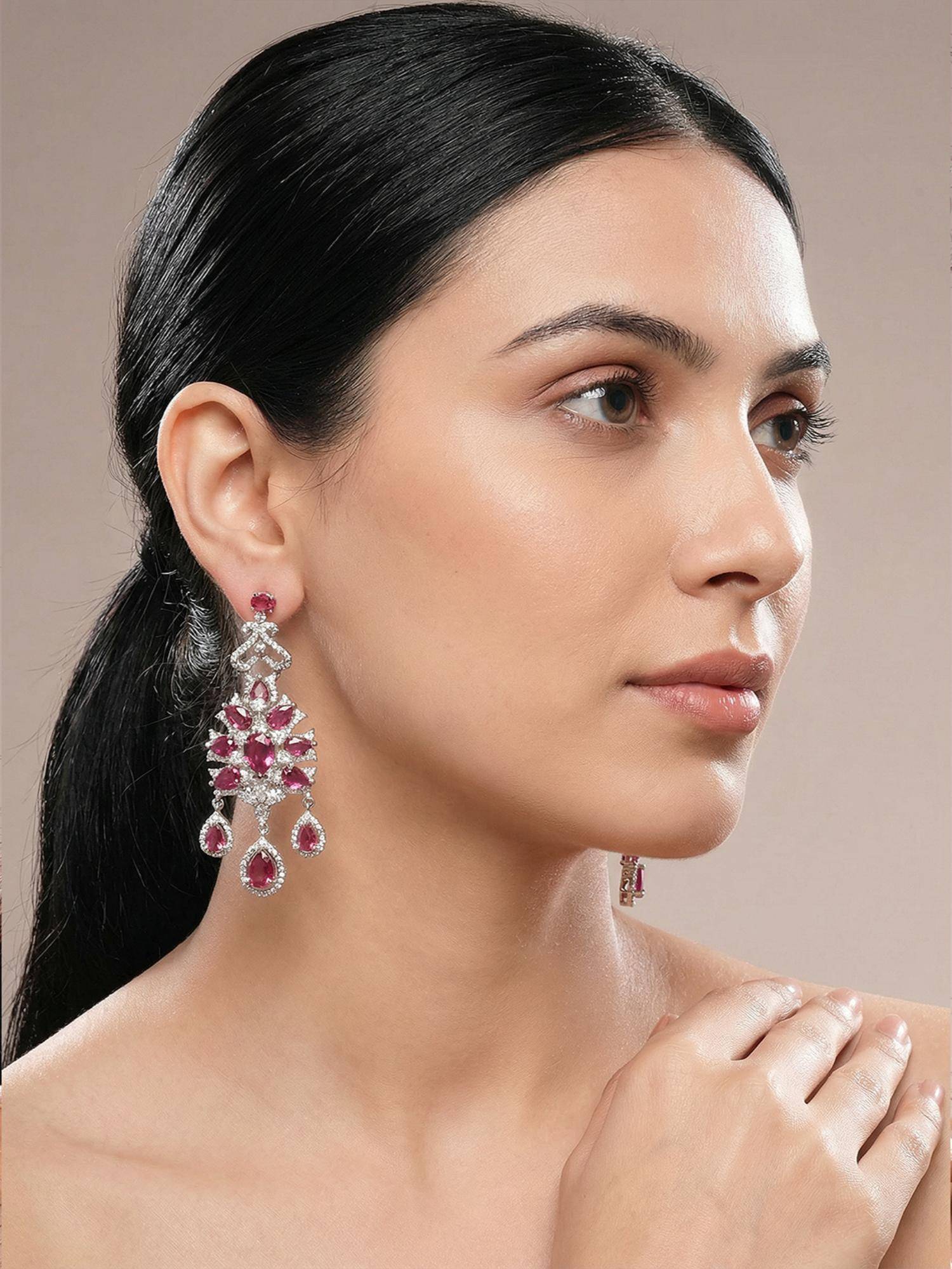 Saraf RS Jewellery Women Silver Toned Ruby Red AD Zircon Chandelier Teardrop Cocktail Earrings