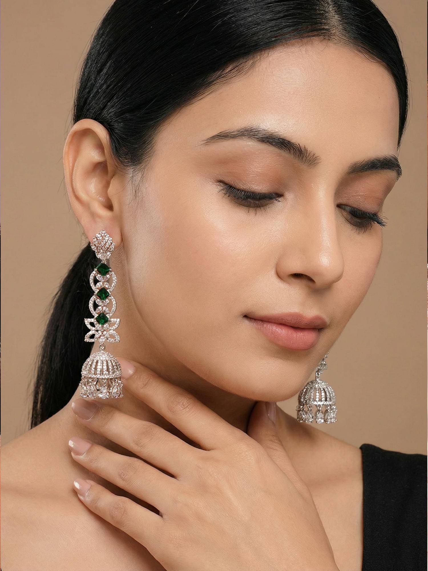 Saraf RS Jewellery Women Silver Toned Emerald Green AD Zircon Contemporary Drop Jhumka Earrings
