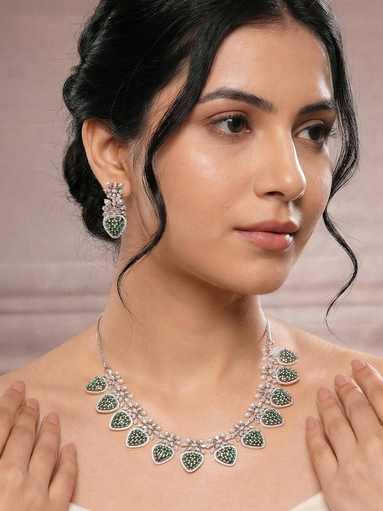 Saraf RS Jewellery Antique Silver Plated Emerald Green Zircon Cocktail Bridal Jewellery Set