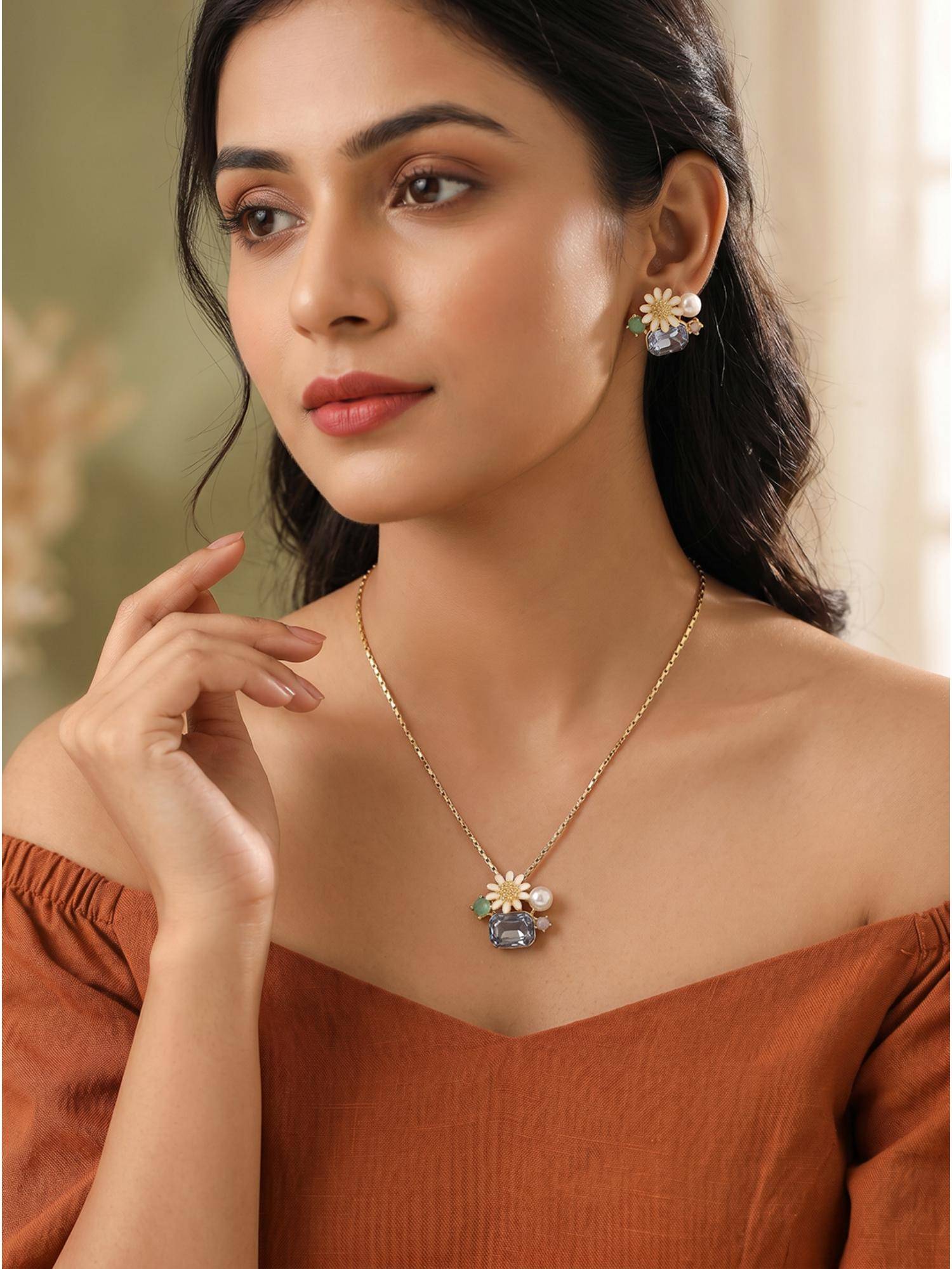 Saraf RS Jewellery Women 22k Gold Plated Blue Crystal Pearl Daisy Flower Jewellery Set
