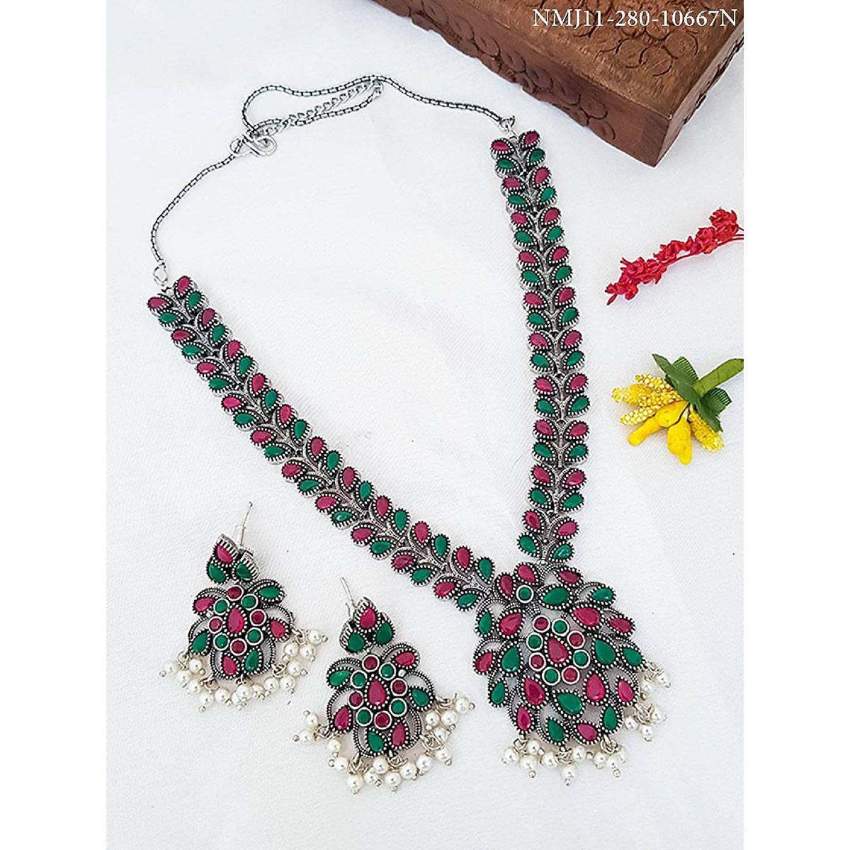 GRIIHAM Silver Oxidised with Multi-Colour Stone Medium Size Designer Jewellery (Set of 2)