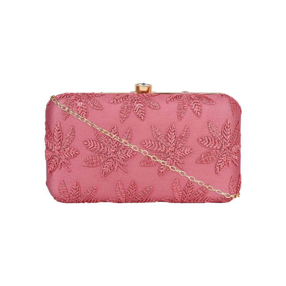 Horra Embroidered Leaf Design Women's Party Clutch - Pink (S)