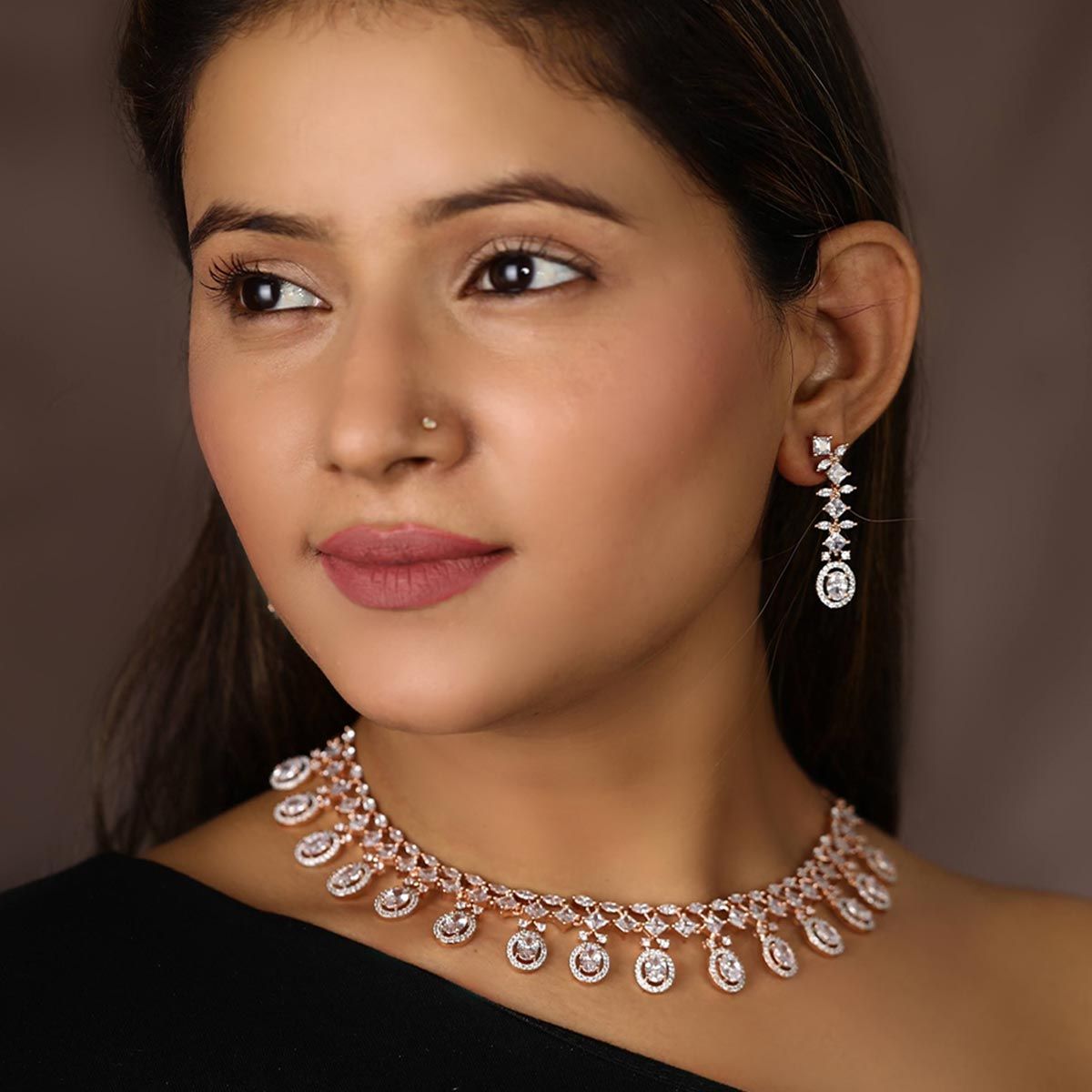 Priyaasi American Diamond Rose Gold Plated Jewellery Set