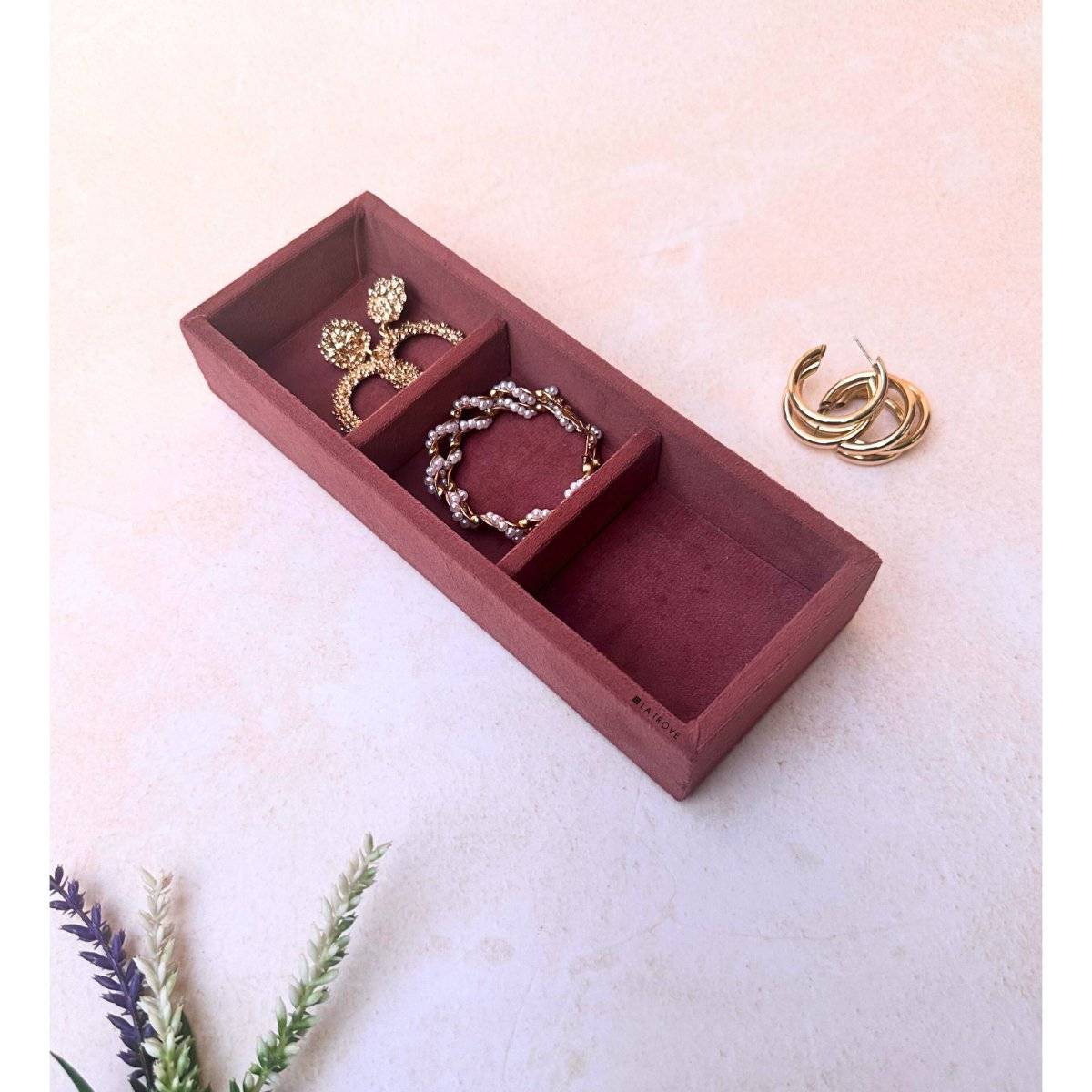 La Trove Luxury Pink Velvet 3-Grid Jewellery Storage Organizer for Wardrobe Closet