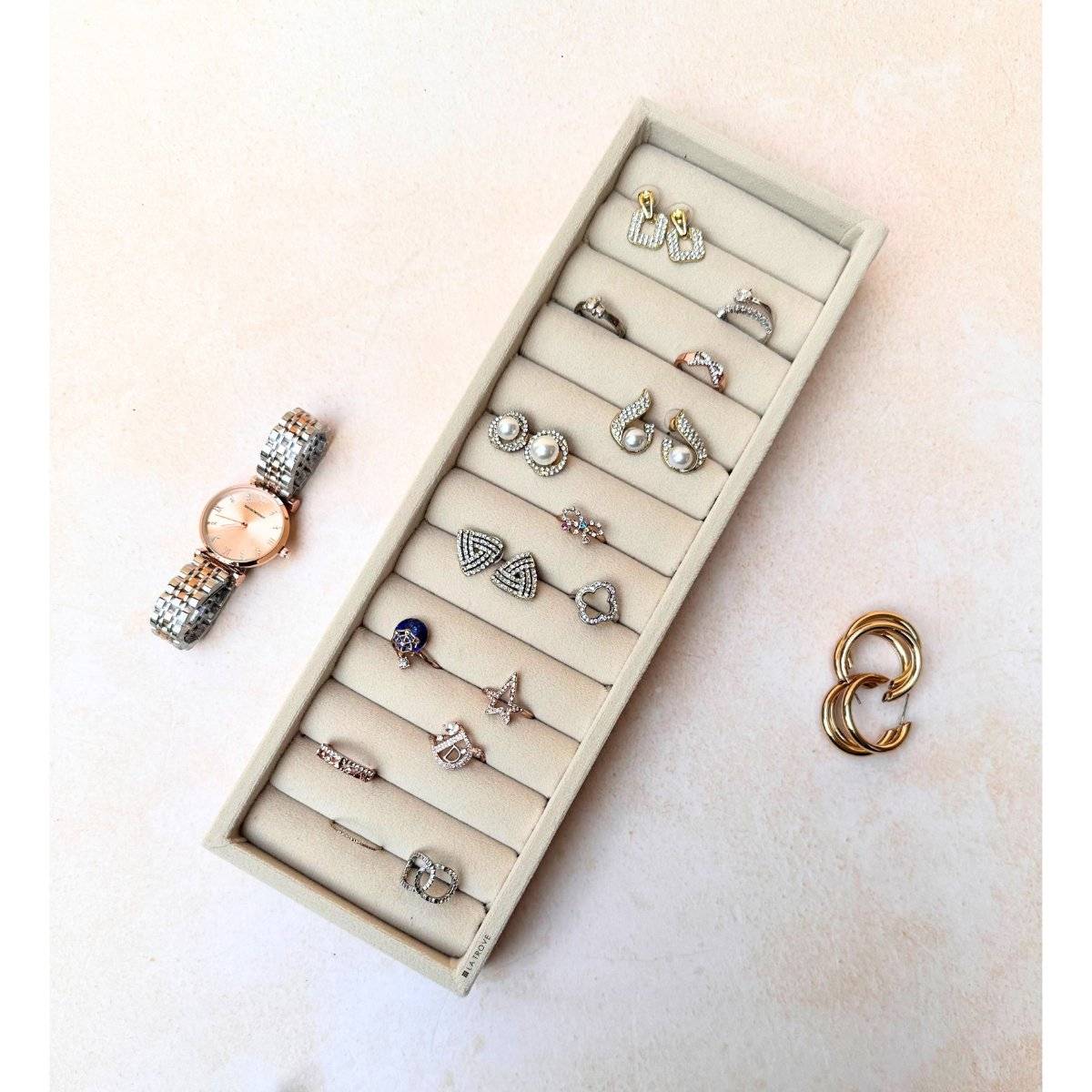 La Trove Cream Velvet Ring's Jewellery Storage Organizer Tray For Wardrobe Closet