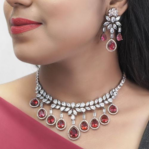 Pink American Dimond Necklace Set by Niscka-Necklace For Women