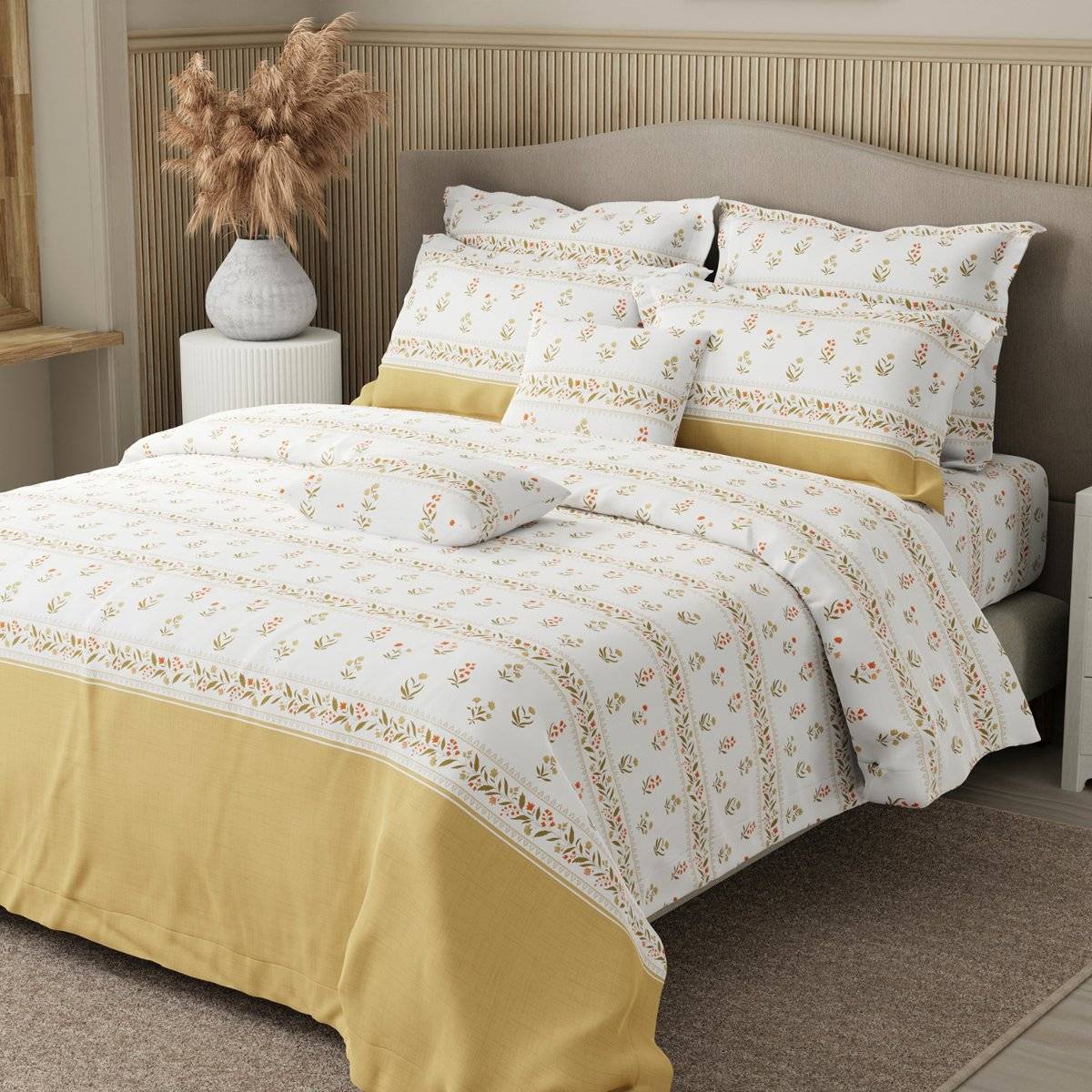 Boutique Living Dark Yellow & White Floral Bedsheet with 4 Pillow Covers & 2 Cushion Covers (King)