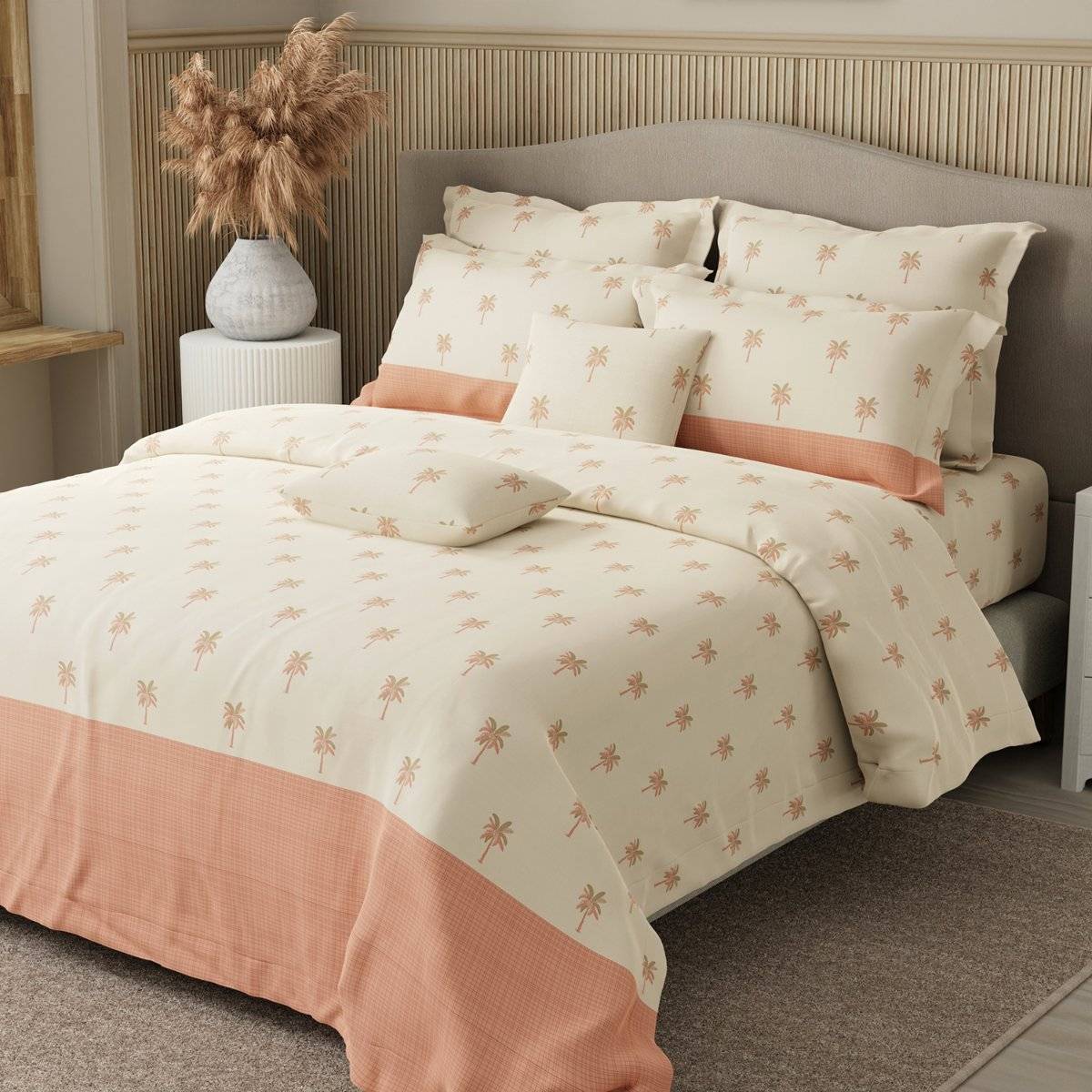 Boutique Living Peach Floral Bedsheet with 4 Pillow Covers & 2 Cushion Covers (King)