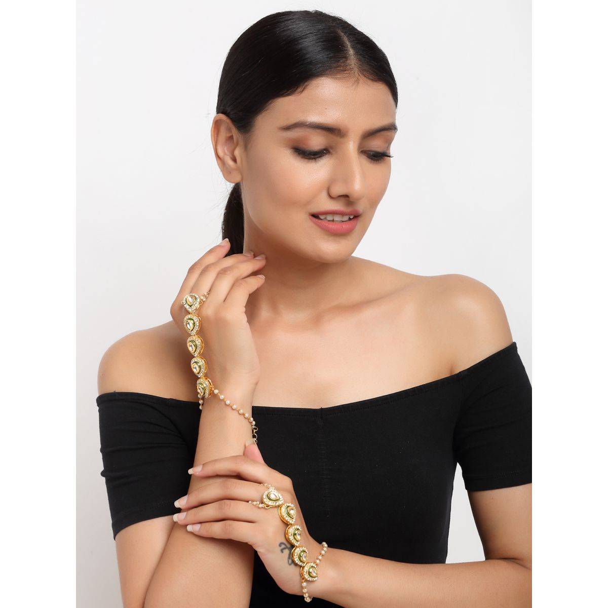 RUBY RAANG STUDIO Ruby Raang Green Tone Kundan Hand Harness (set of 2)
