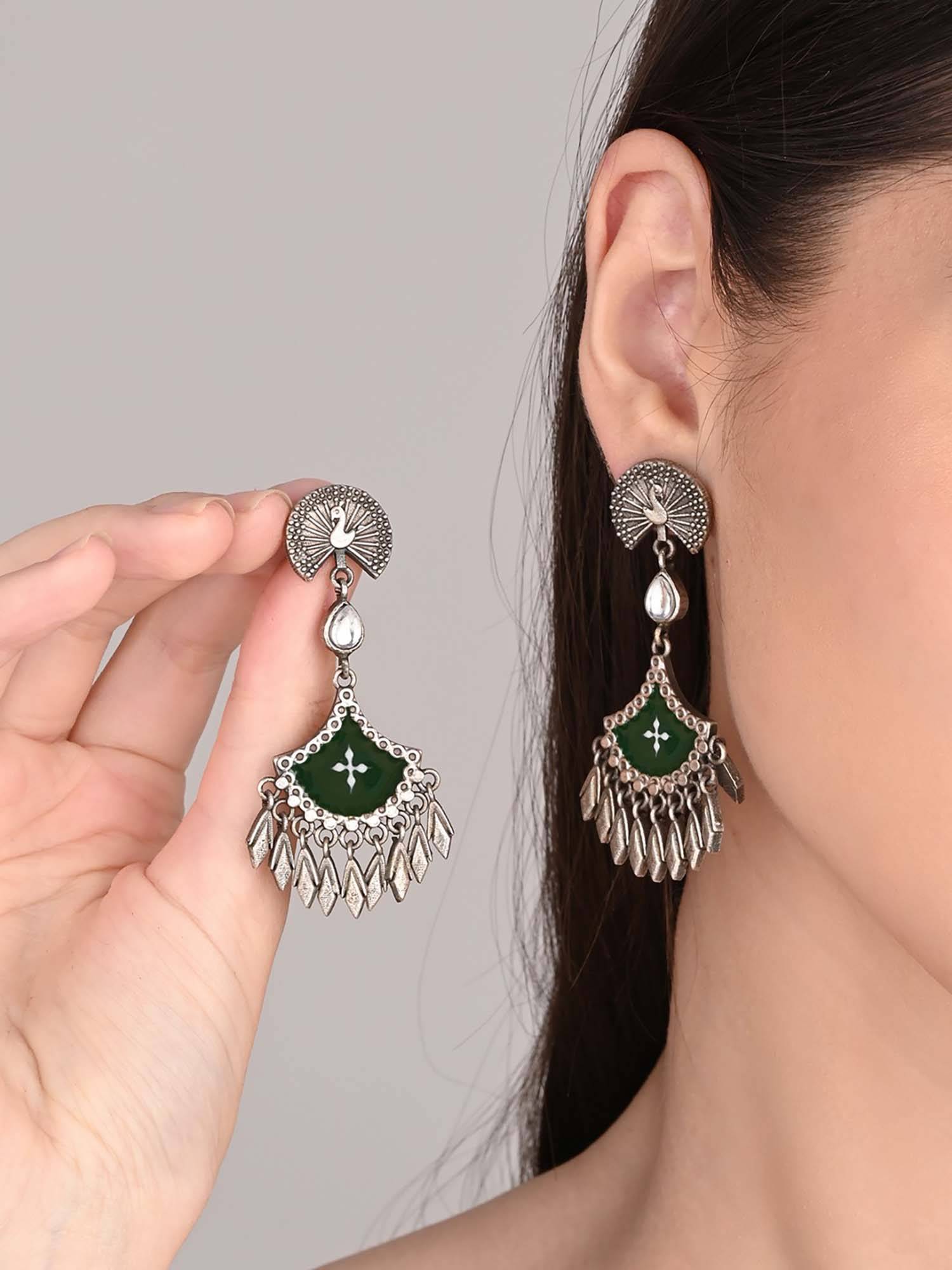 Anvik Silver Oxidised Finish Hand Painted Drop Earring
