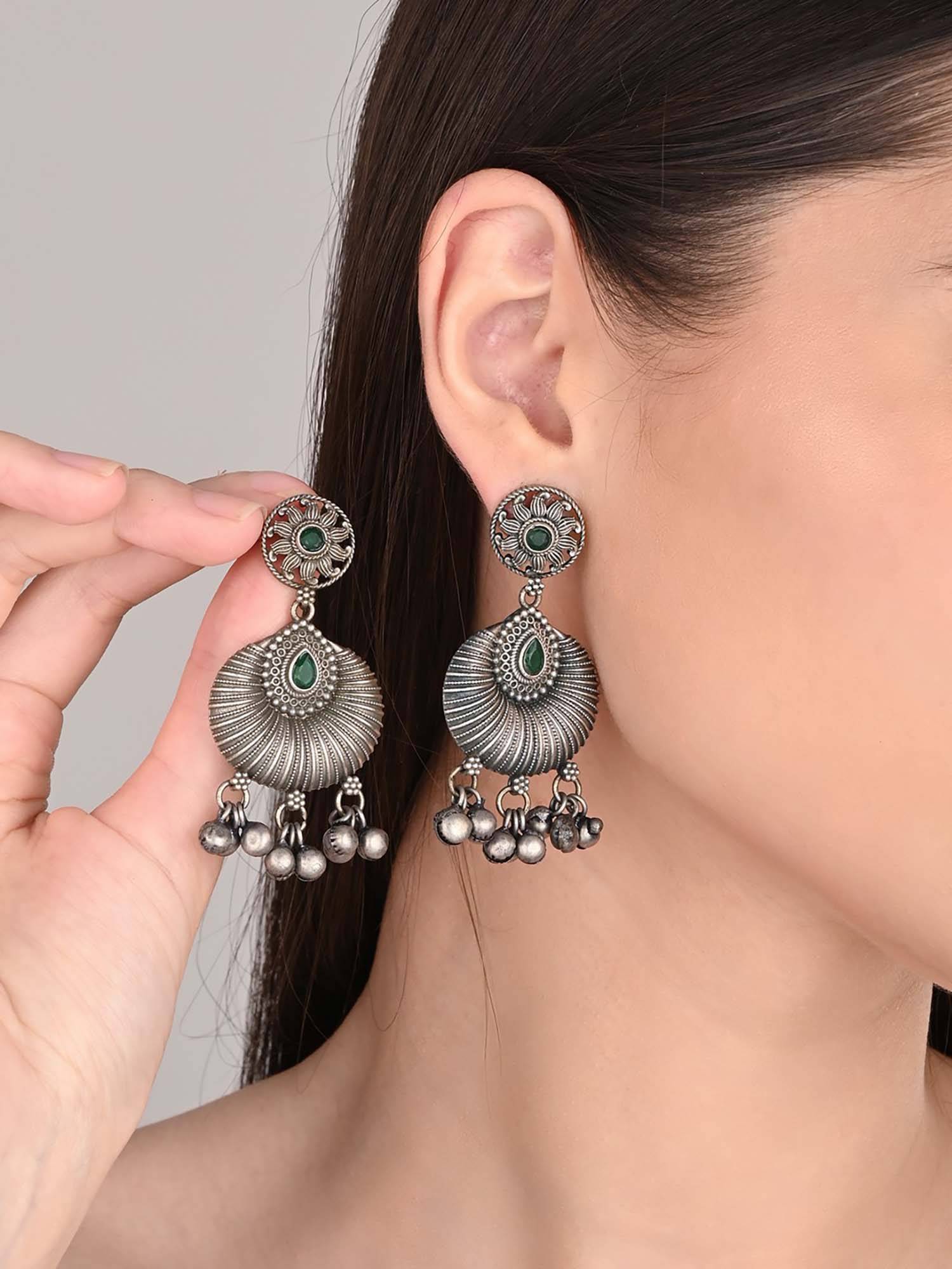 Anvik Green Silver Oxidised Finish Carved Drop Earring
