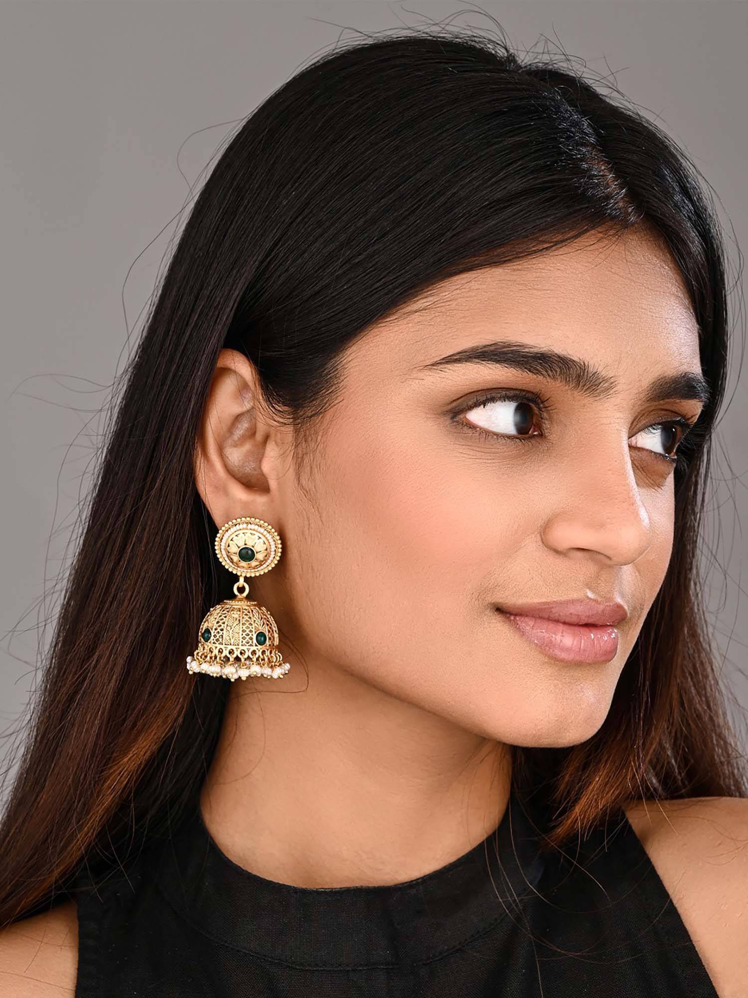 Anvik Traditional Green Gold-Tone Jhumka Earrings