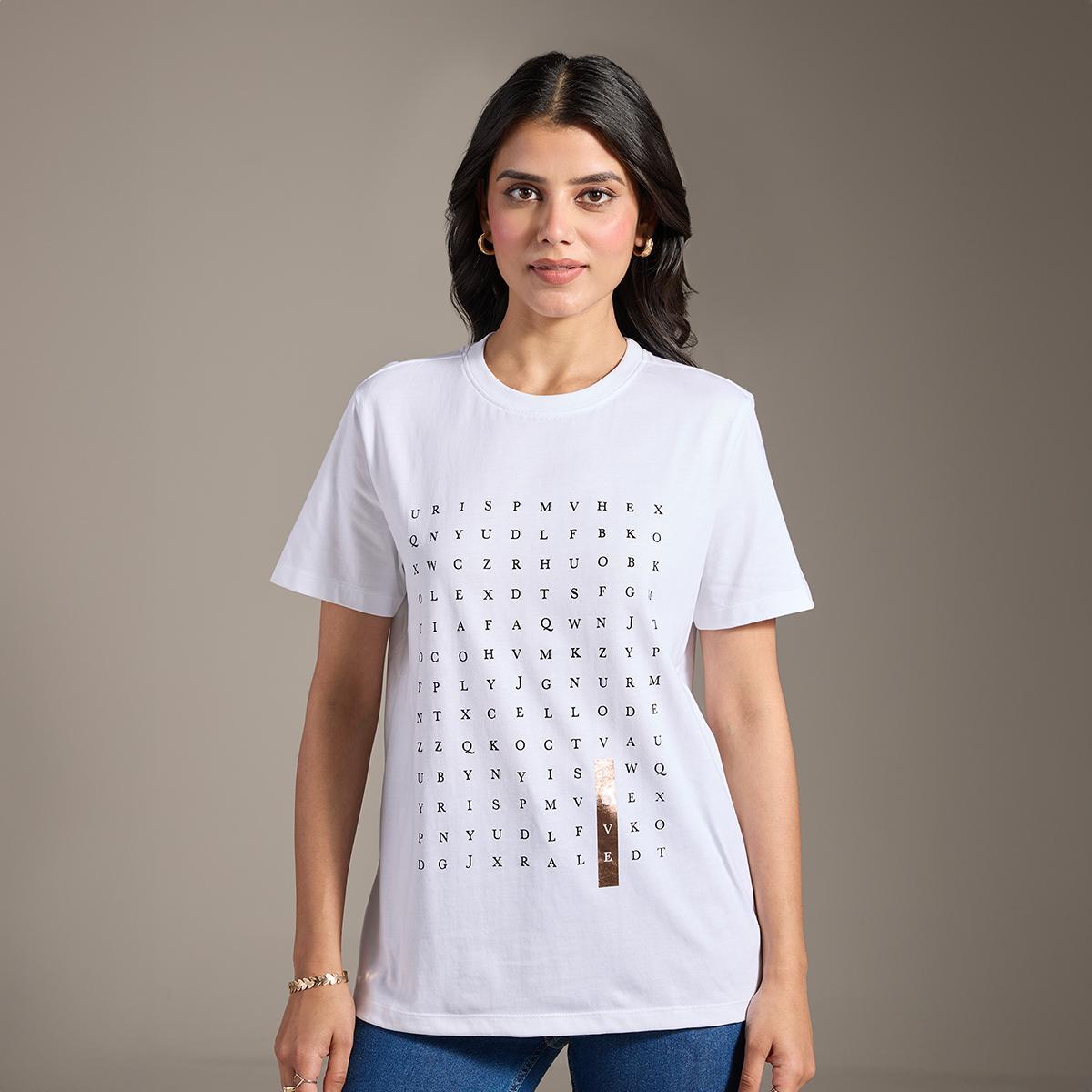 Buy Twenty Dresses by Nykaa Fashion White Crossword Graphic Print Short  Sleeves T-Shirt Online