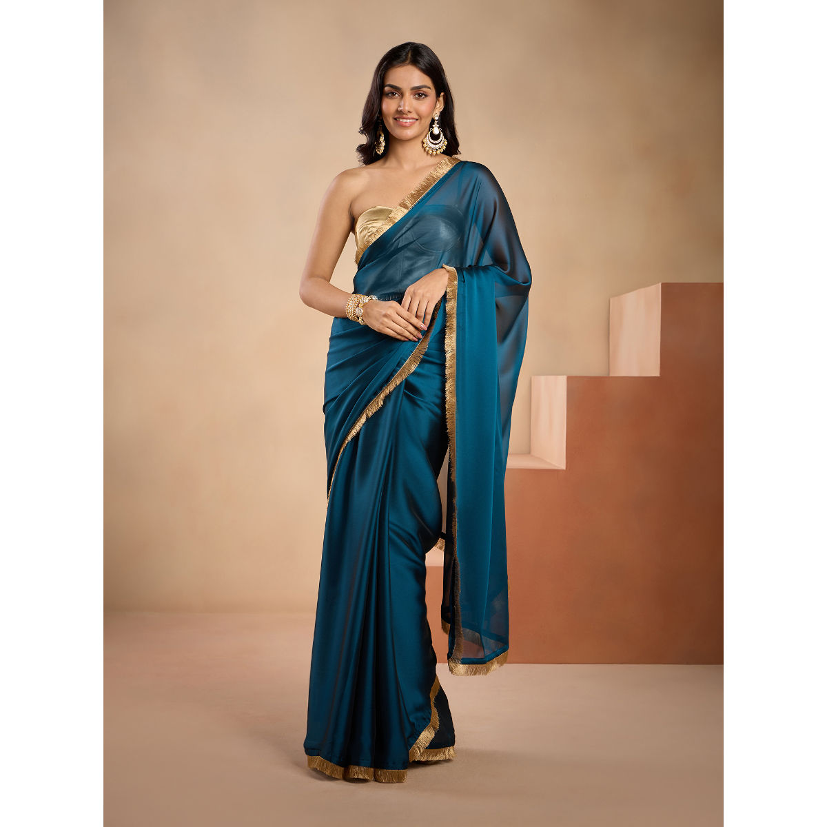 Cream Crepe Floral Pattern Saree with Embroidered Border at Soch