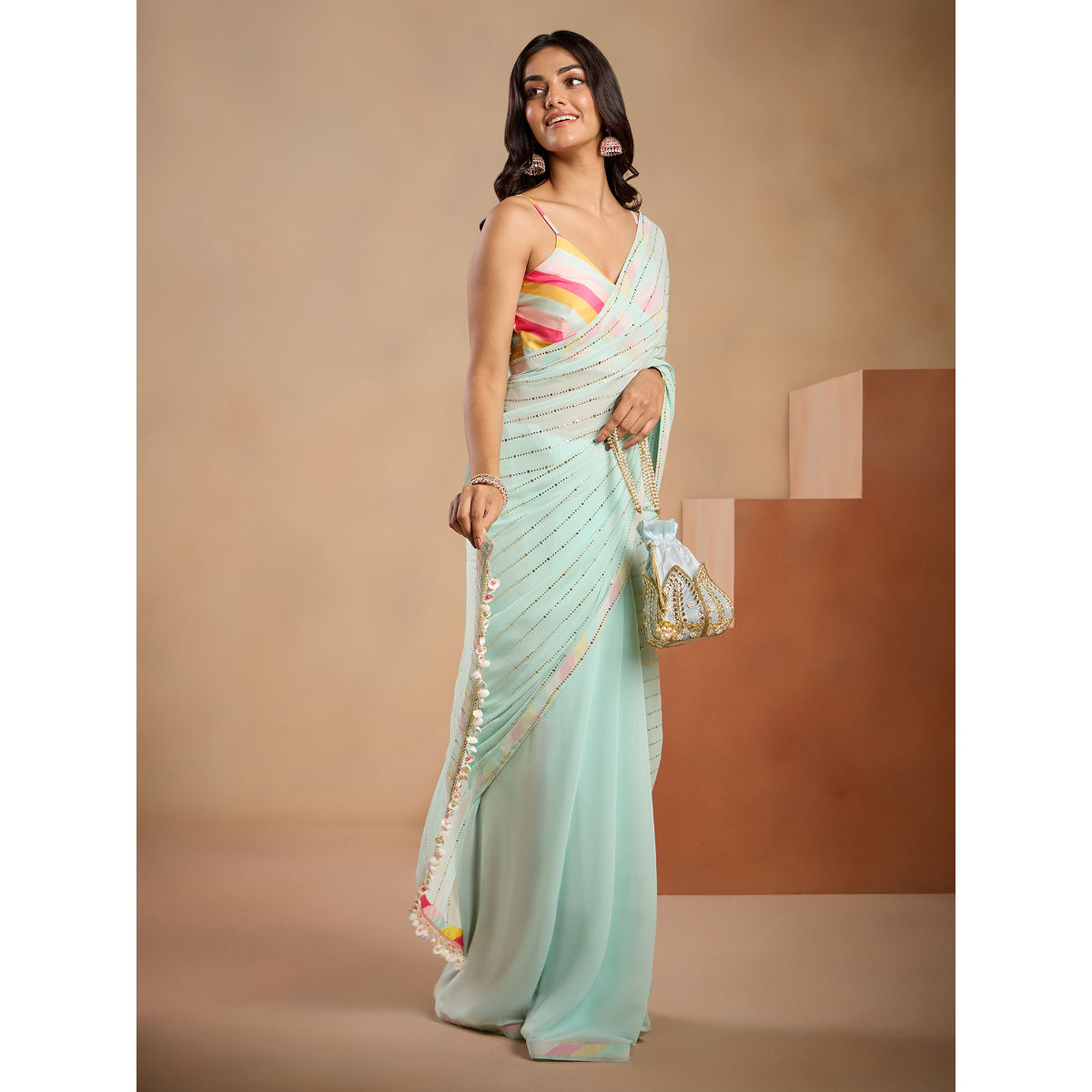 Pastel Mint Silver Beads & Sequin Zardozi Hand Embroidered Saree – Talking  Threads