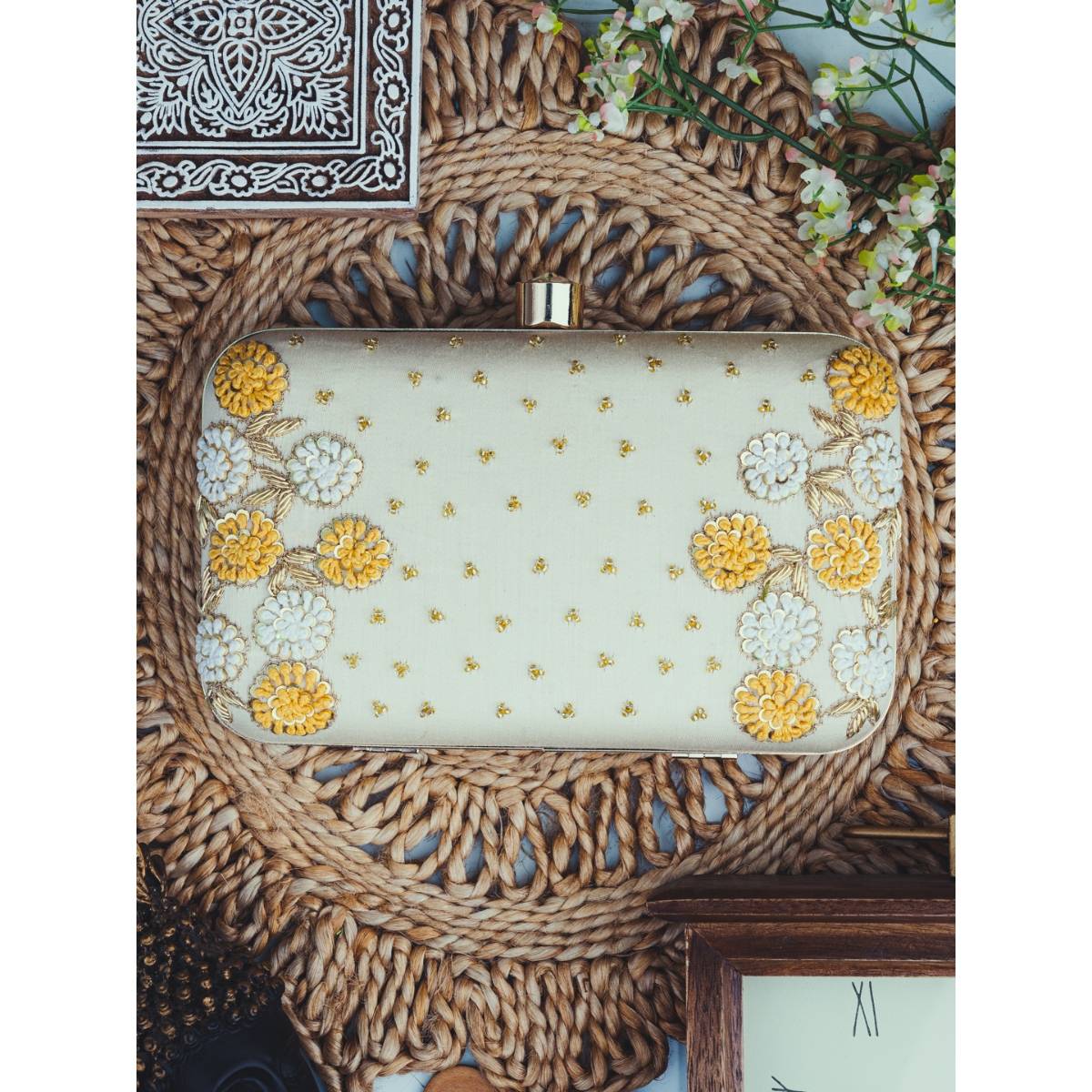NR BY NIDHI RATHI Beige Embellished Box Clutch