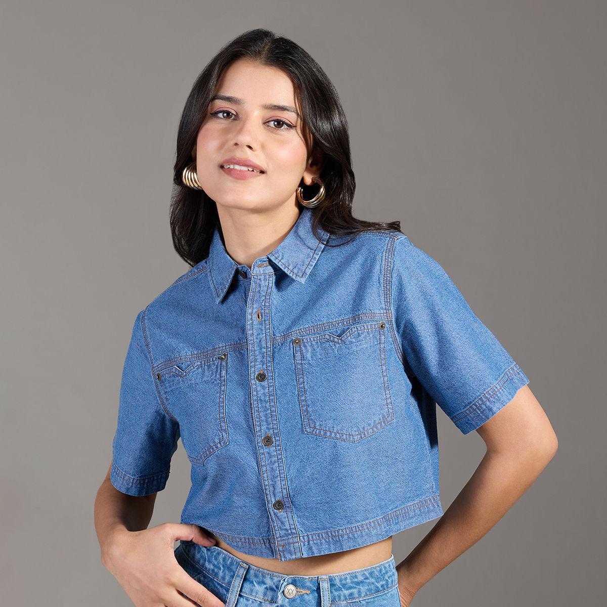 Buy Twenty Dresses By Nykaa Fashion Mid Blue Solid Boxy Half Sleeves Crop Denim Shirt Online