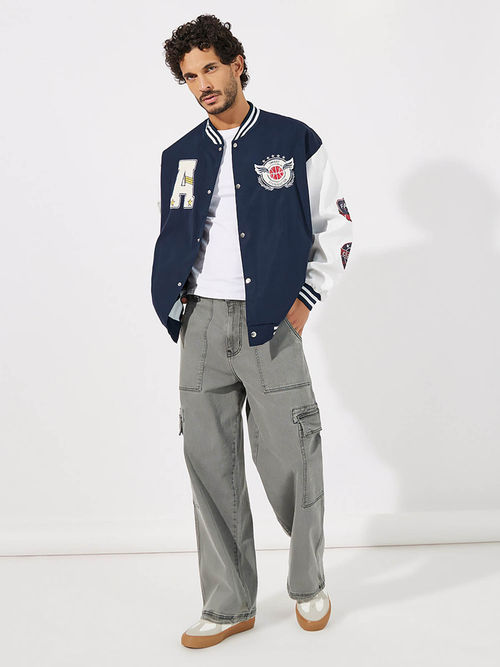 Buy Styli Men Badge Detail Varsity Bomber Jacket with Rib Detail