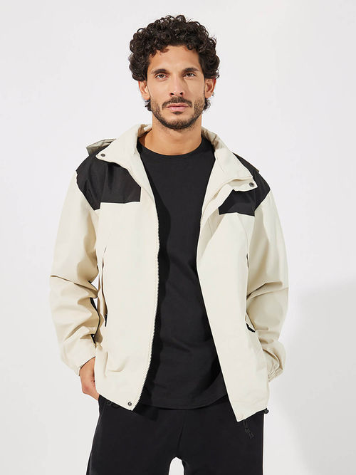 Styli Men Colorblocked Hooded Windbreaker Jacket with Zip Detail Cream - Main Image