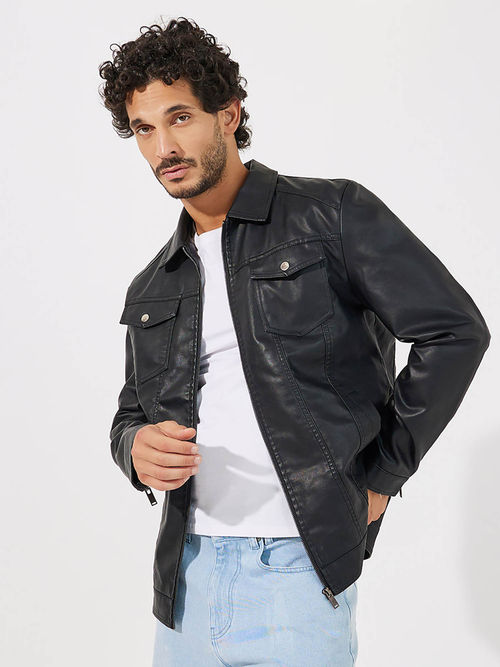 Men New Looking Jacket Styli Men Faux Leather Look Jacket With Front Pocket  Detail Black
