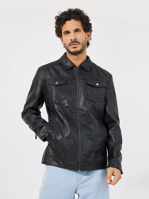 Buy Styli Men Faux Leather Look Jacket with Front Pocket Detail