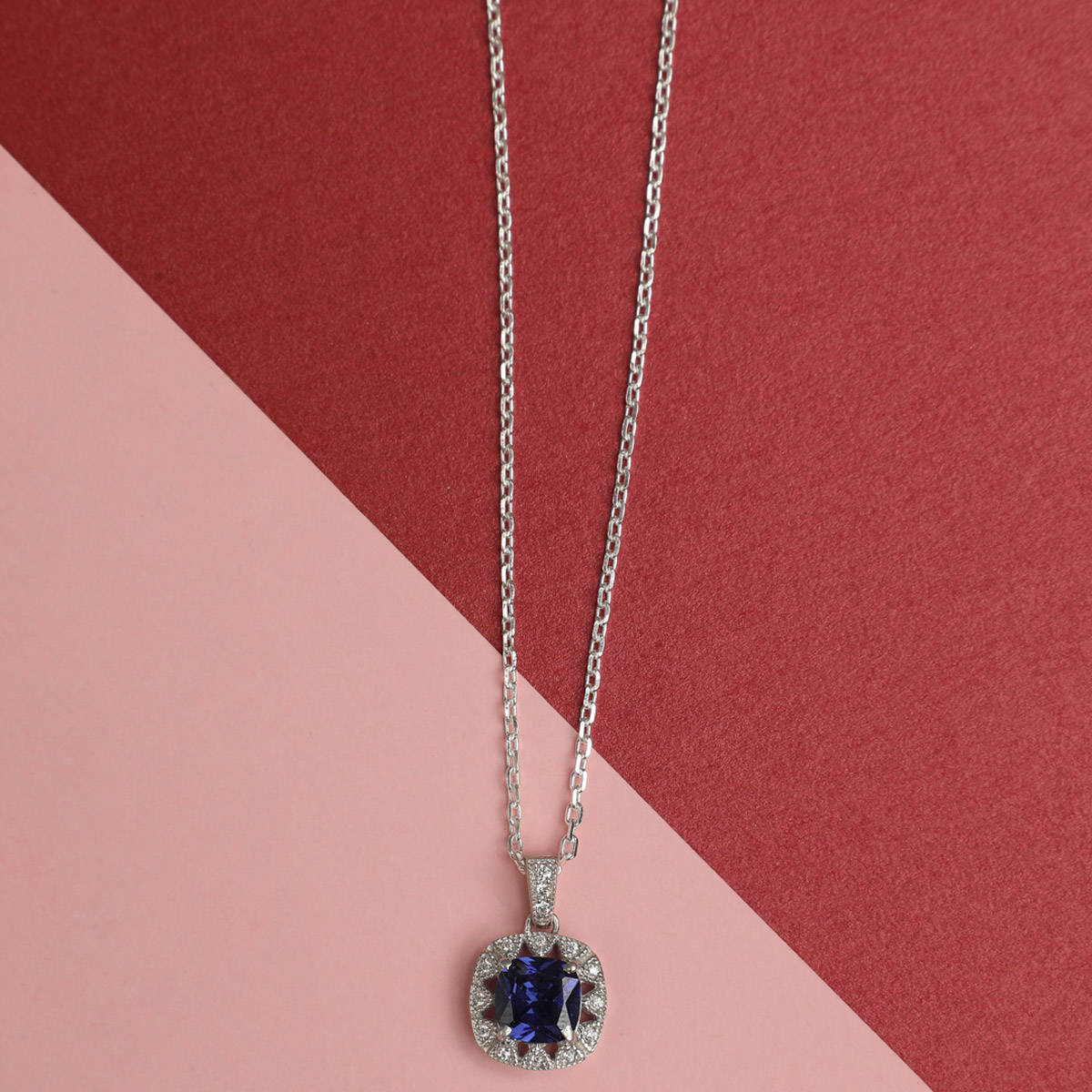 CLARA Silver Rhodium Plated Swiss Zirconia Royal Blue Cushion Pendant With Chain