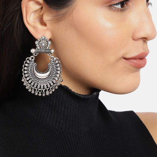 Buy Silver Crescent Shaped Oxidised Chandbali Earrings Online