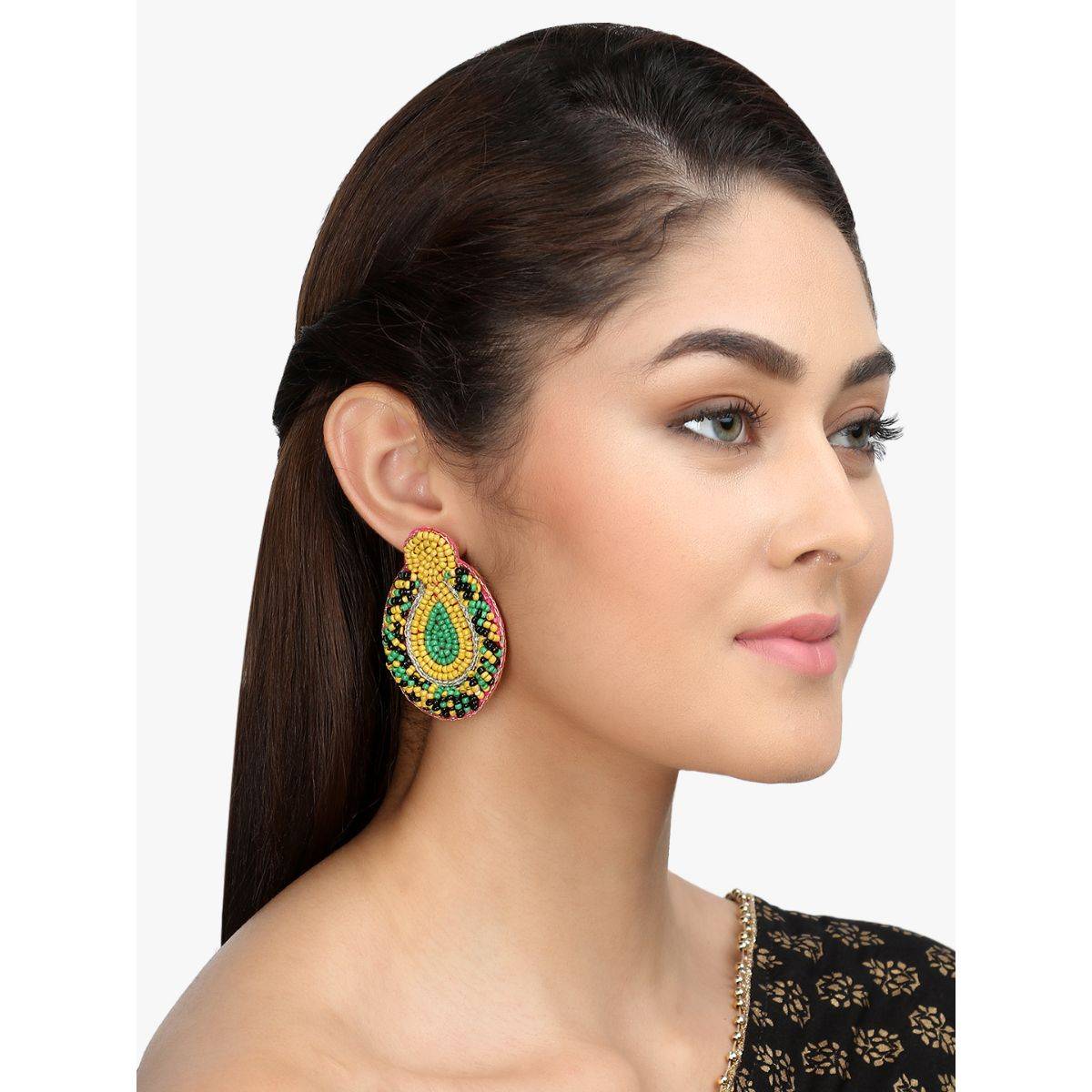 Adwitiya Women Yellow & Green Oval Drop Earrings