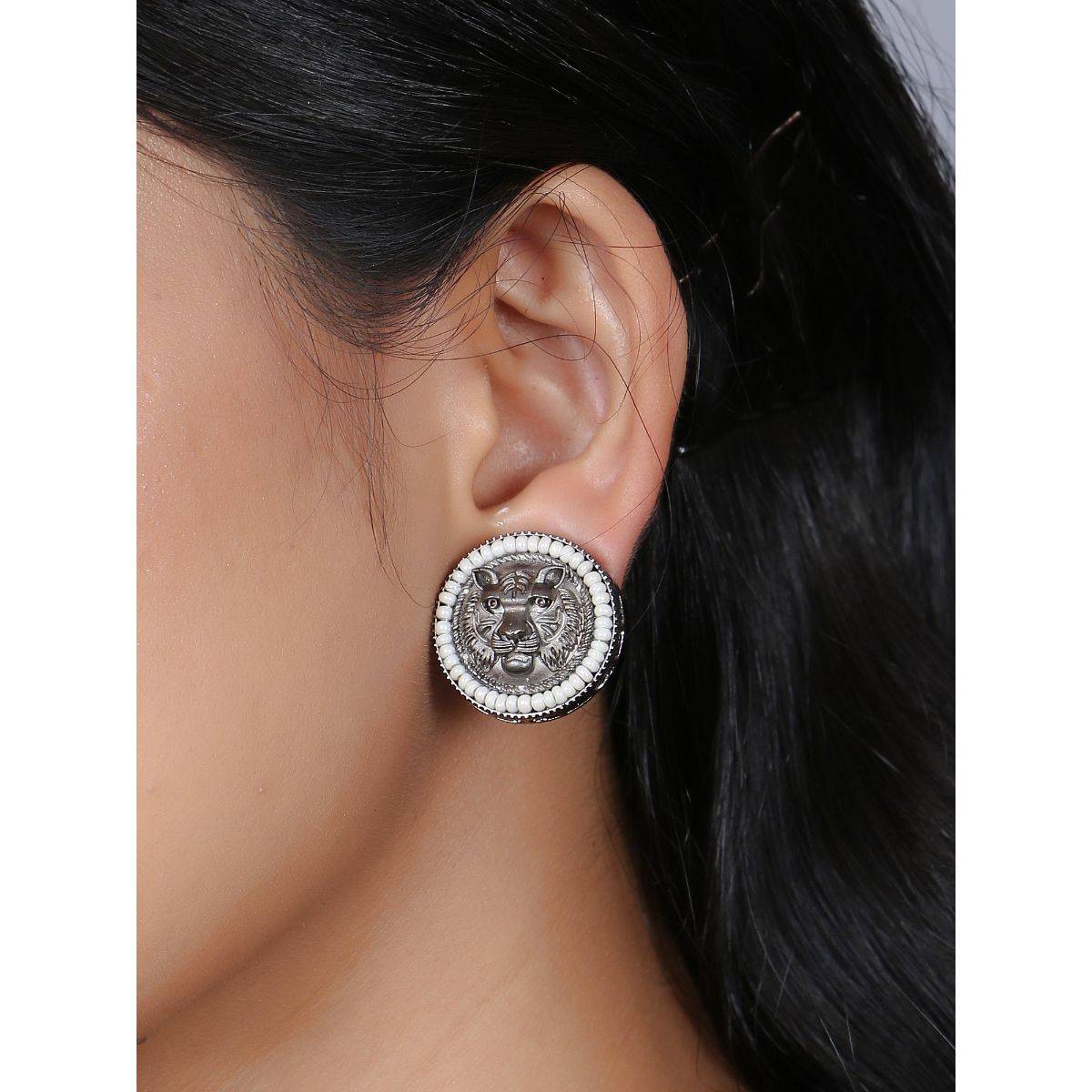 Adwitiya Women Lion Design Pearl Beaded Oxidised Earrings