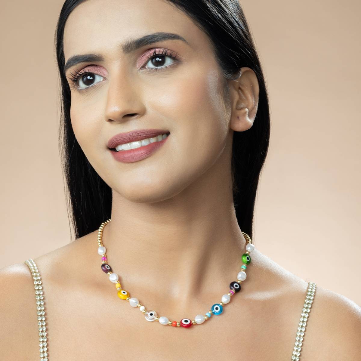 Niscka Devil's Eye Ethnic Colorful Rice Beads Pearl Necklace