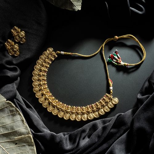 Niscka 24K Gold Plated Temple Necklace Set with Lakshmi Design, Ruby, and  Emerald Cz Stones