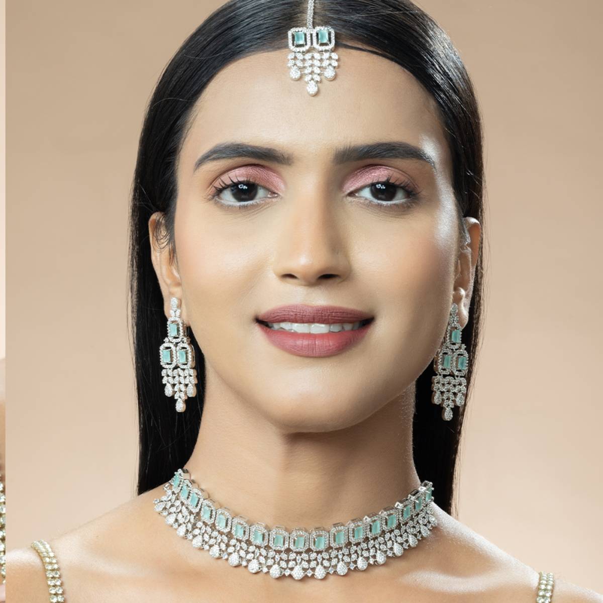 Niscka Mint Radiance American Diamond Choker Necklace Set with Earrings