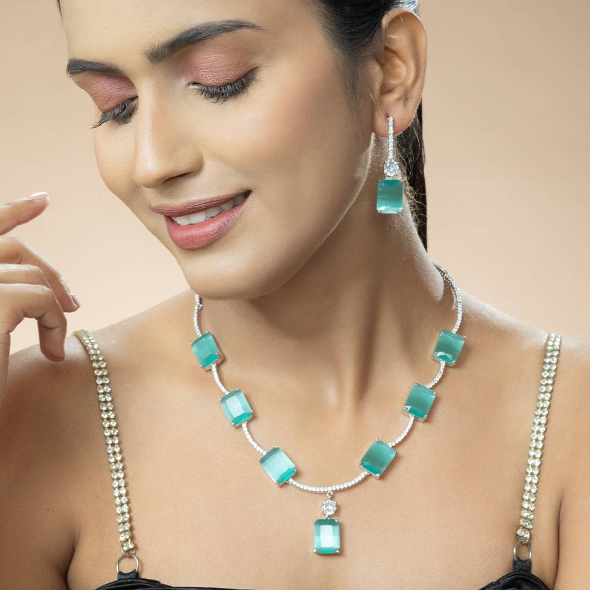 Niscka Blue American Diamond Necklace Set with Oversized Octagon Cut Crystal