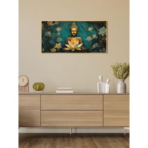 The Next Decor Golden Buddha With Lotus Glass Finish Horizontal Wall Art - Main Image