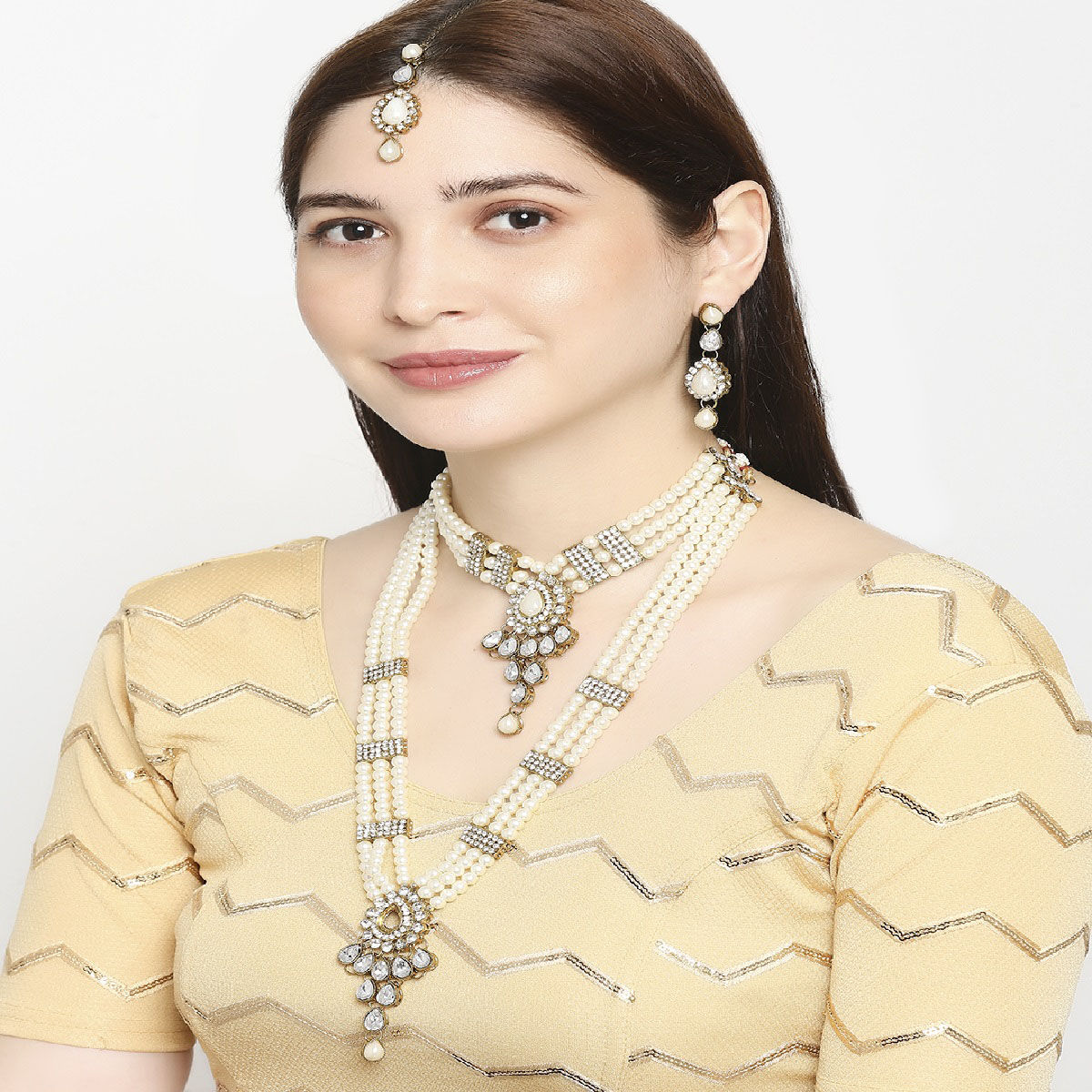Buy Mahi Traditional White Necklace Set with Kundan and Artificial Pearl Online