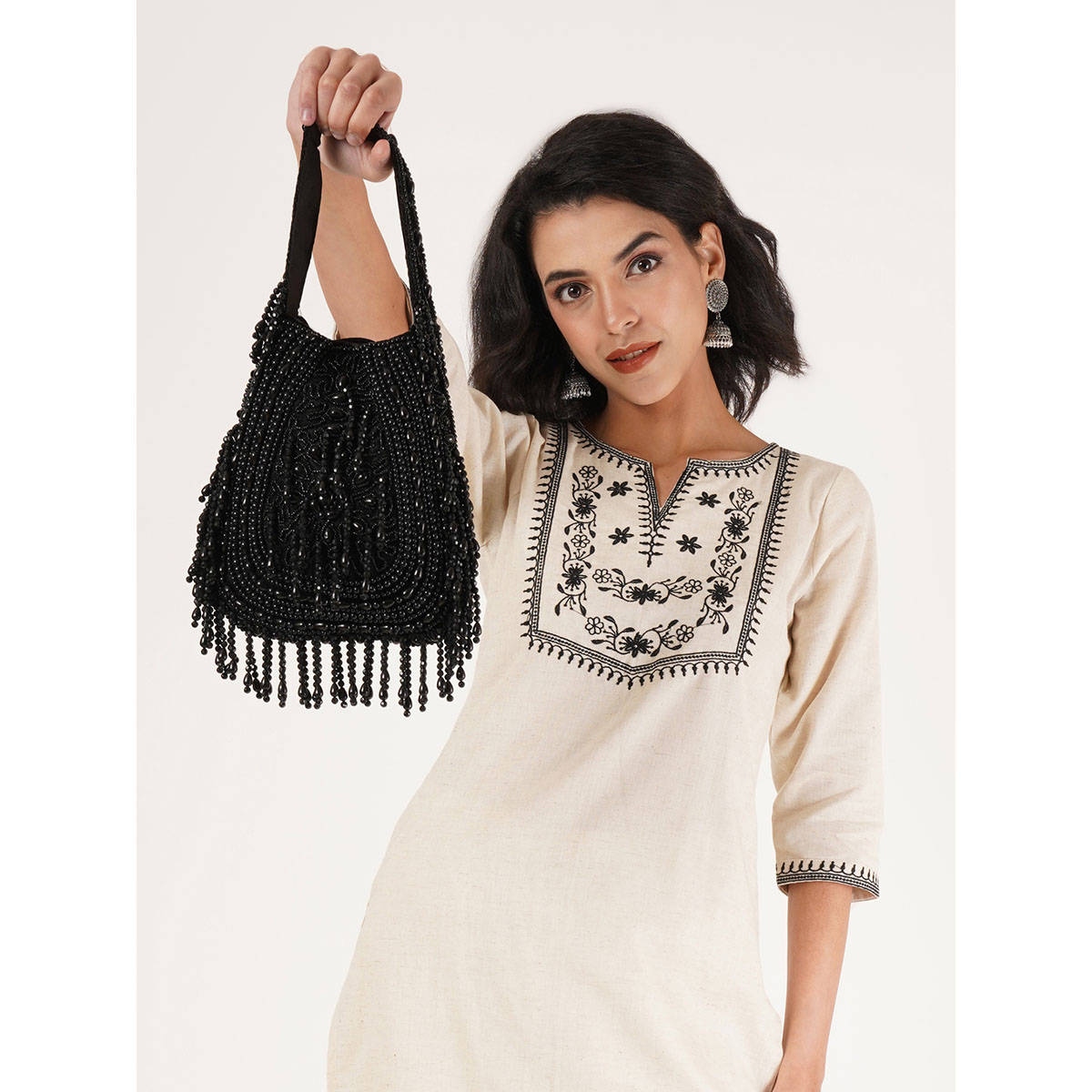 Fabbhue Women Black Hand Embroidered Potli