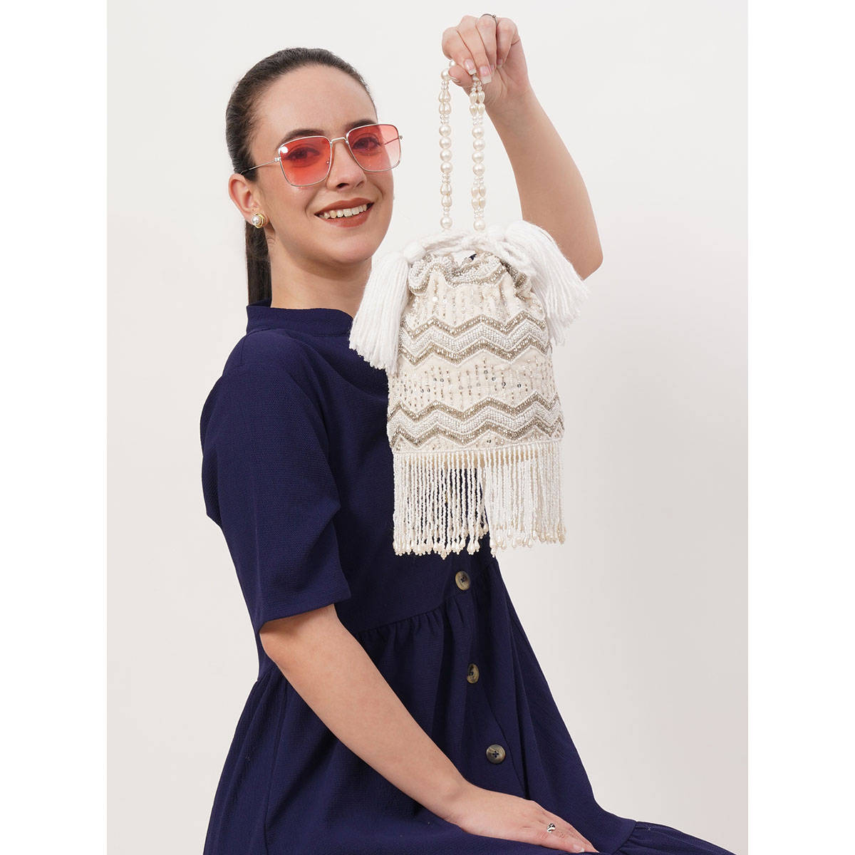 Fabbhue Women Off White Hand Embroidered Potli